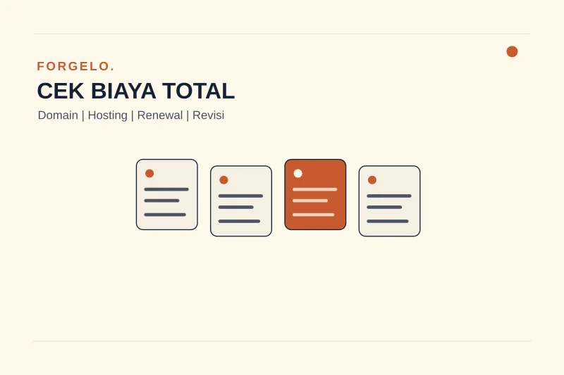 Kartu perbandingan biaya domain, hosting, perpanjangan, dan revisi untuk website profesional.