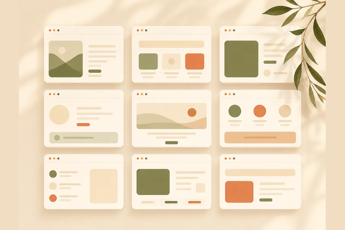 Kumpulan mockup jendela browser kecil tersusun rapi dalam grid tiga baris, mewakili berbagai contoh website perusahaan yang bisa ditiru.