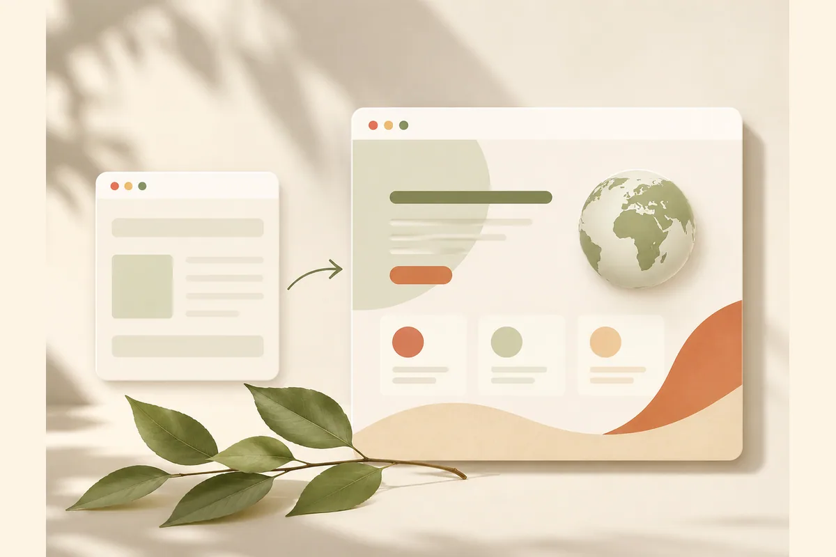 Mockup browser sederhana terhubung panah ke mockup yang lebih rapi dengan ikon bola dunia kecil, menunjukkan peningkatan dari portofolio gratis ke domain sendiri.