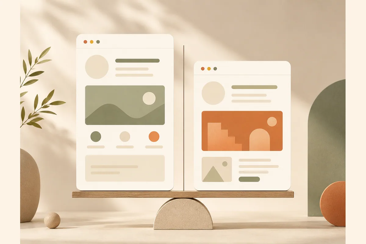 Two browser cards weighed against each other on a beam, representing WebWave compared head to head with Forgelo.