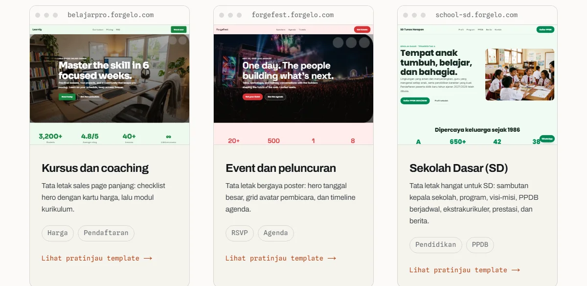 Halaman template Forgelo dengan filter education dan events, menampilkan kartu template Event dan peluncuran bertanda RSVP dan Agenda