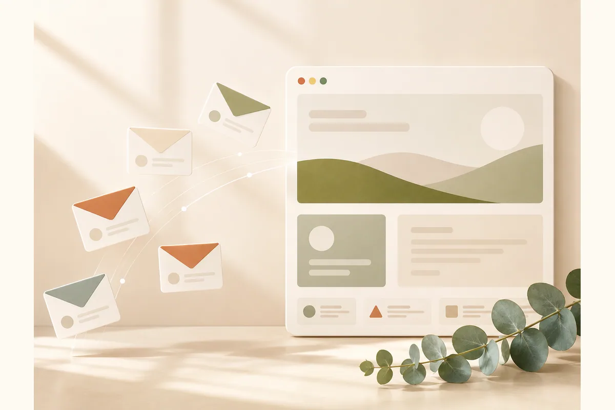 Several envelope shaped cards flowing into a single browser panel, representing guest RSVPs gathered in one place.