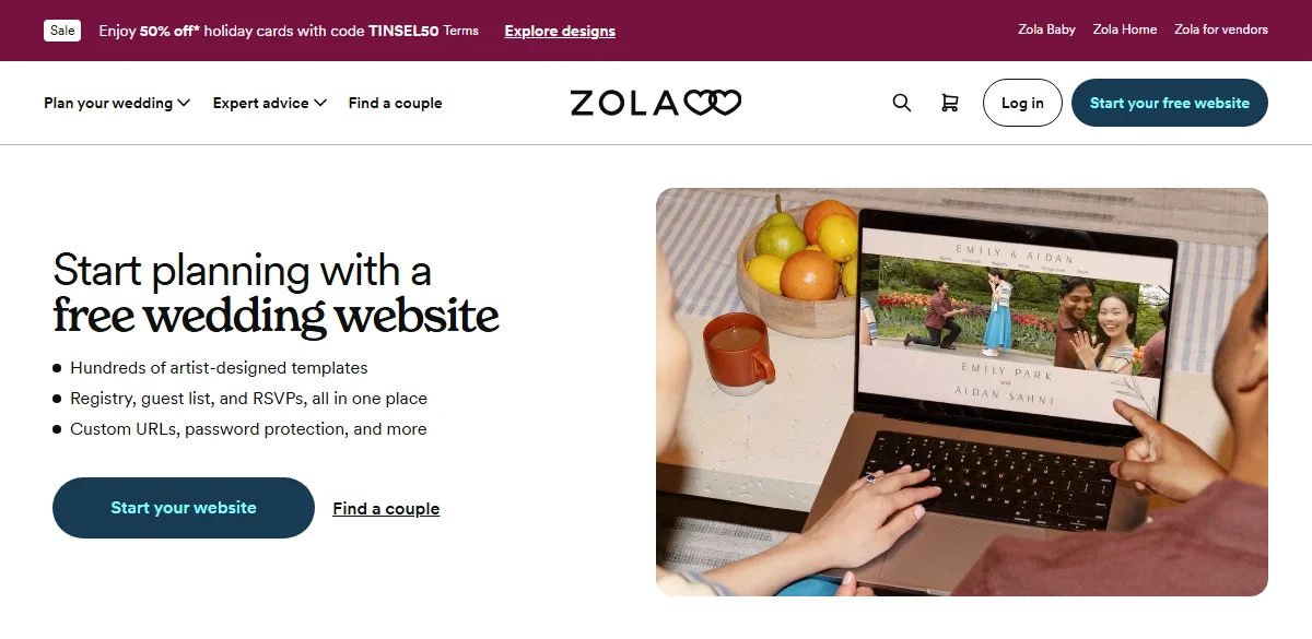 Zola wedding website landing page headline reading start planning with a free wedding website, with bullets for templates, registry, guest list, RSVPs and custom URLs