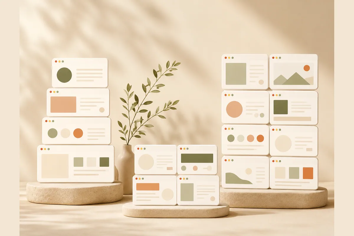 Twelve browser cards sorted into three clusters of different heights, grouping the alternatives into AI-first, classic template, and power-tool builders.