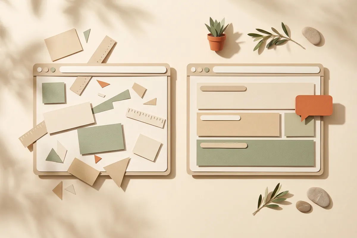 Two paper browser windows side by side, the left with loose scattered blocks and rulers, the right with neatly stacked sections and a small terracotta chat bubble pointing at one section