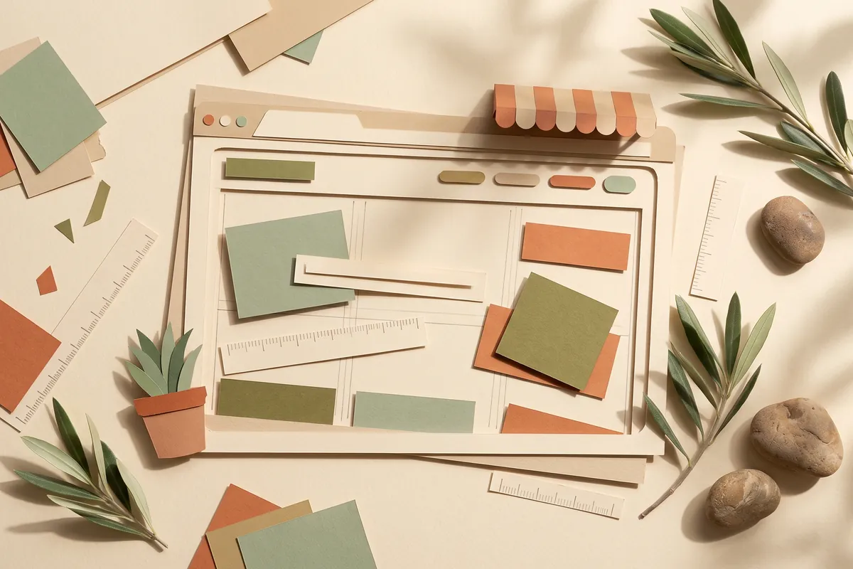 A paper browser window used as a free canvas with loose blocks scattered at odd angles, thin alignment guides and small rulers, a tiny shop awning on top