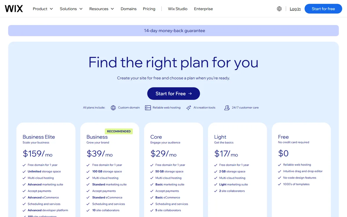 The Wix plans page listing Business Elite, Business, Core, Light and Free plans with monthly US dollar prices