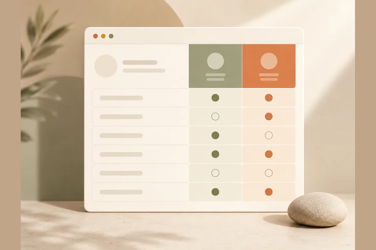 A grid of cells with filled and empty circles comparing two website building approaches feature by feature.