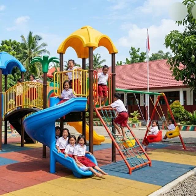 Area bermain sekolah dasar dengan anak-anak bermain di halaman