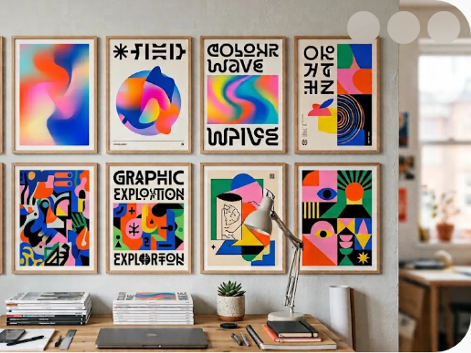 modern colourful graphic design posters on a studio wall