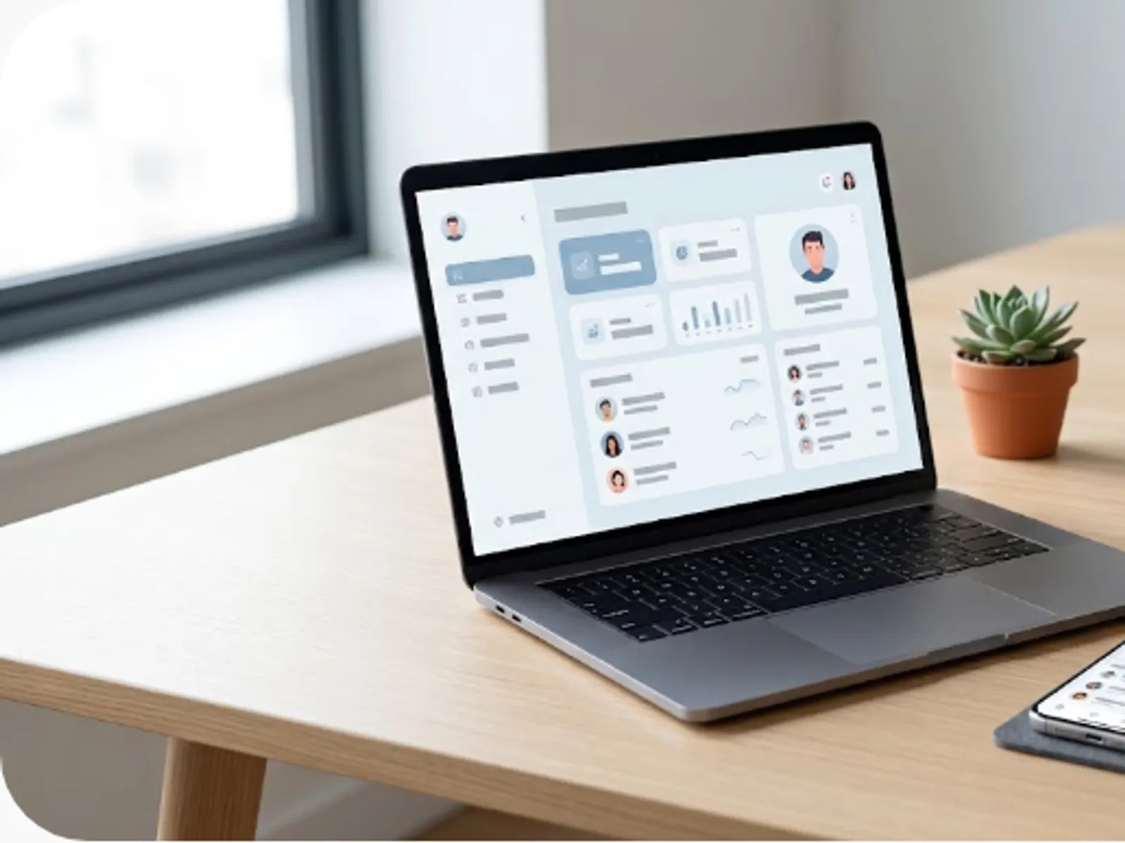 smartphone and laptop showing a clean mobile app UI design