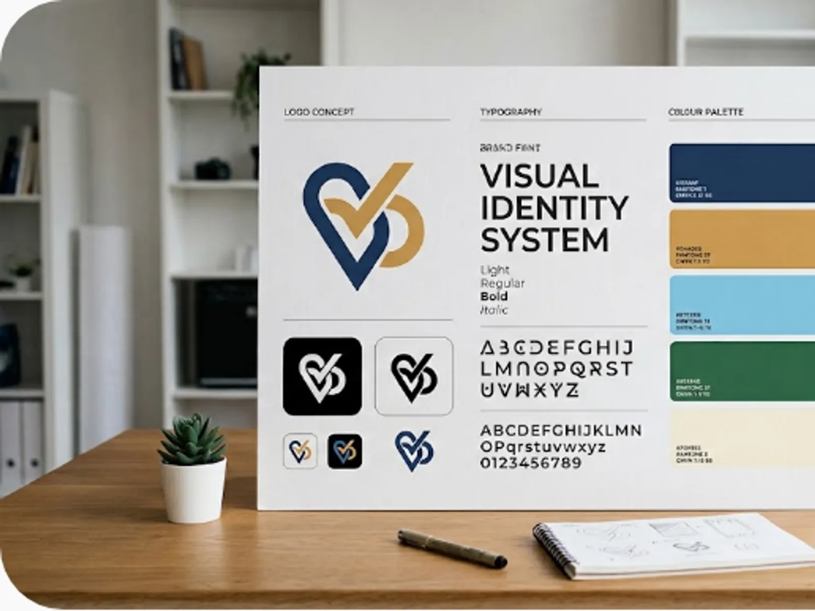 branding presentation with a logo, typography and colour swatches