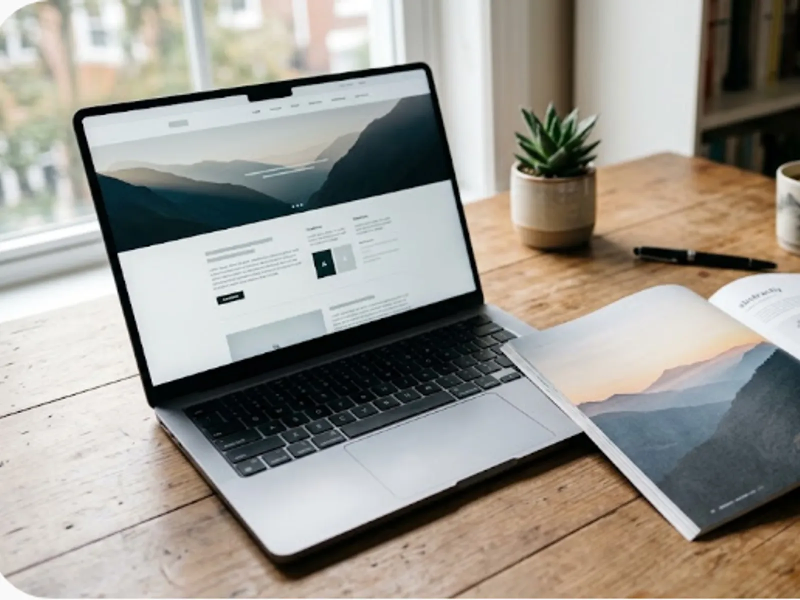 laptop showing a website design beside a printed magazine spread