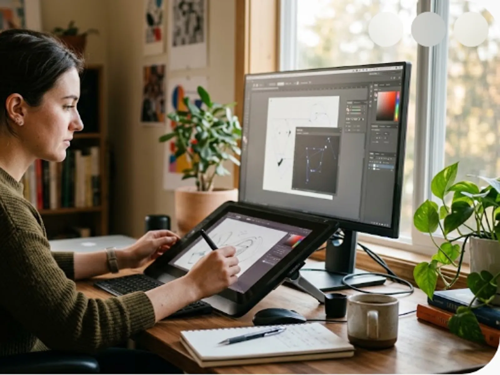 a focused creative designer working at a desk with a stylus
