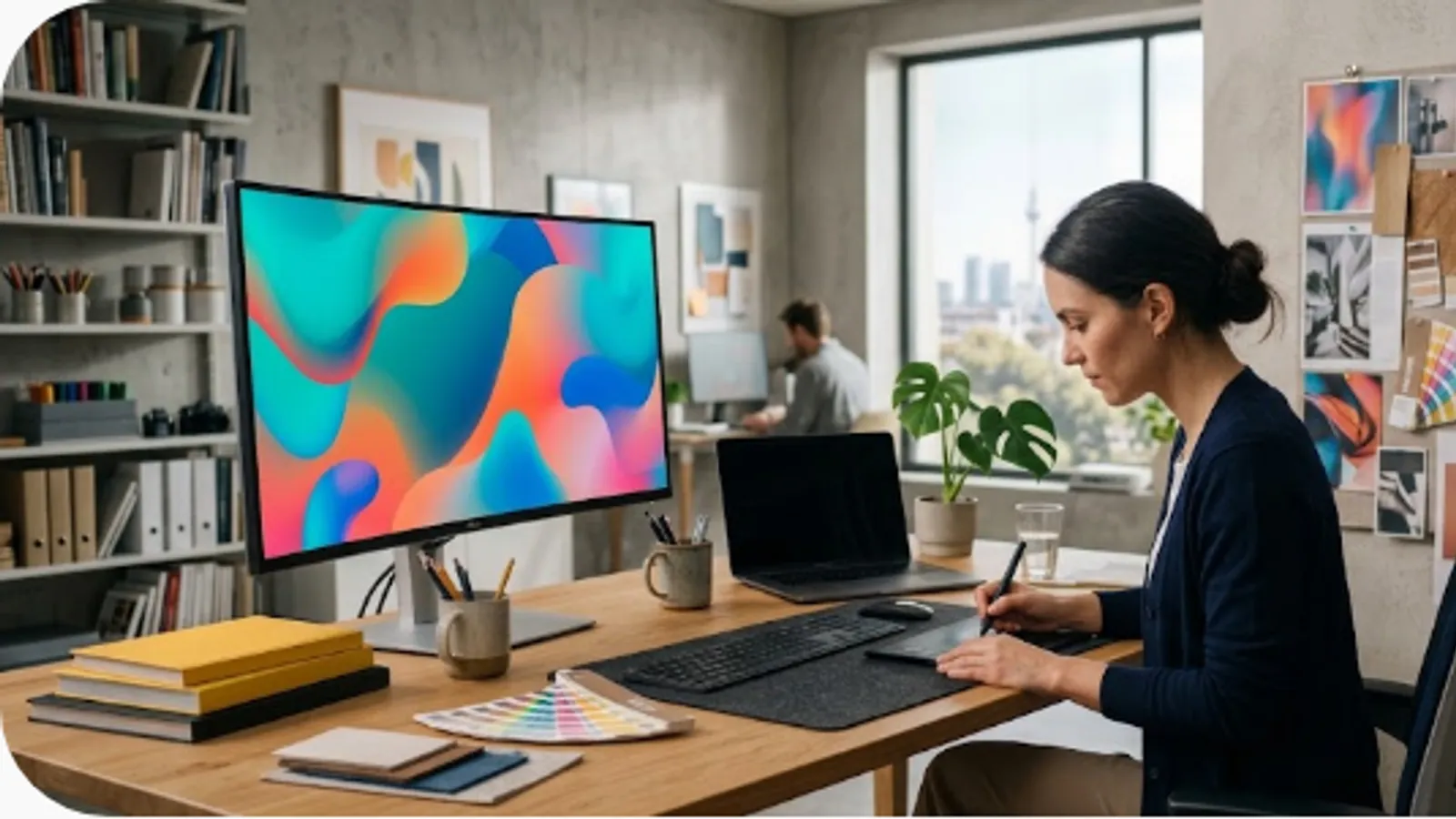 designer studio desk with a monitor showing a colourful brand design