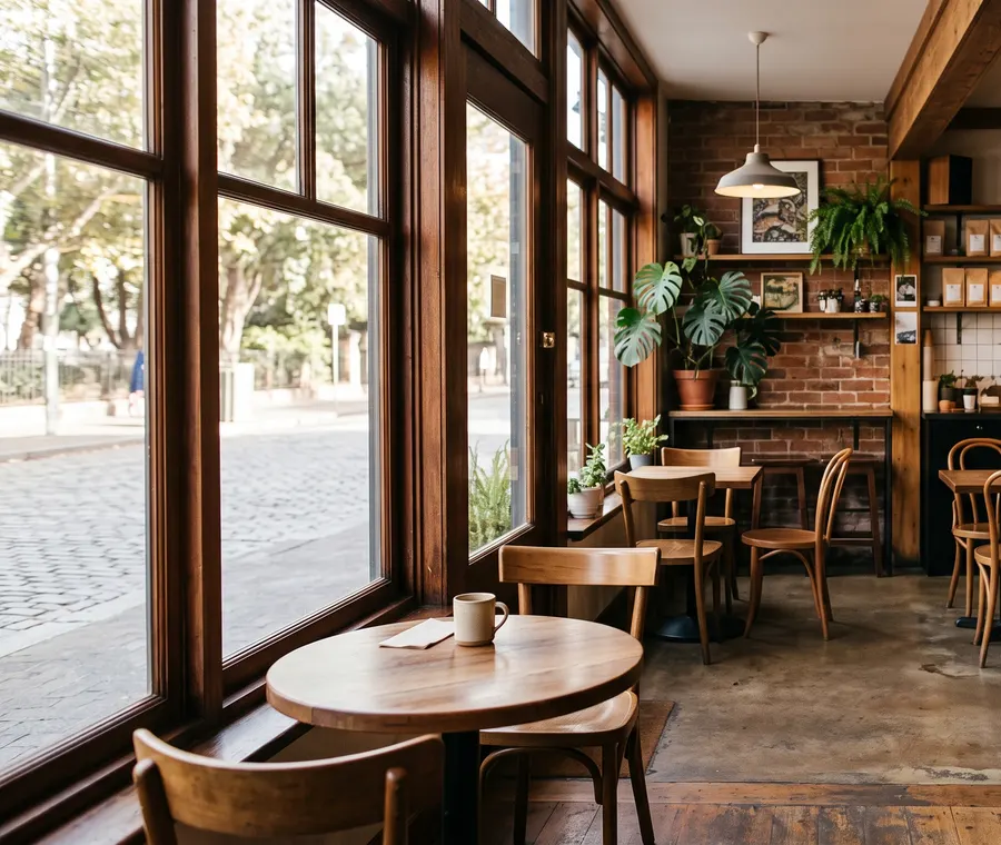 warm coffee shop interior with wooden tables and soft morning light