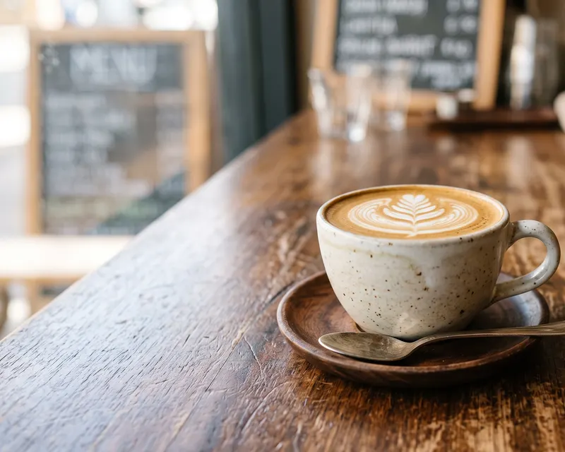 flat white coffee with latte art on a wooden cafe counter