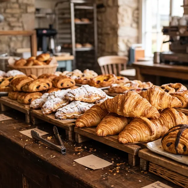 fresh croissants and pastries on a cafe display counter