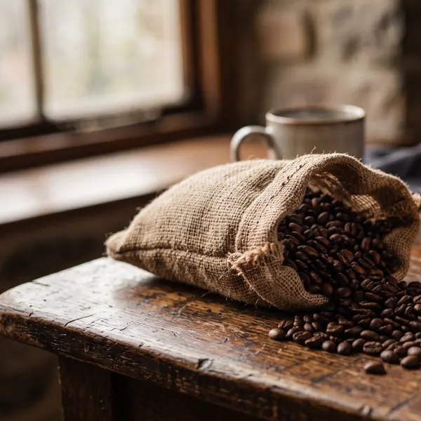 roasted coffee beans and a manual grinder on a wooden table