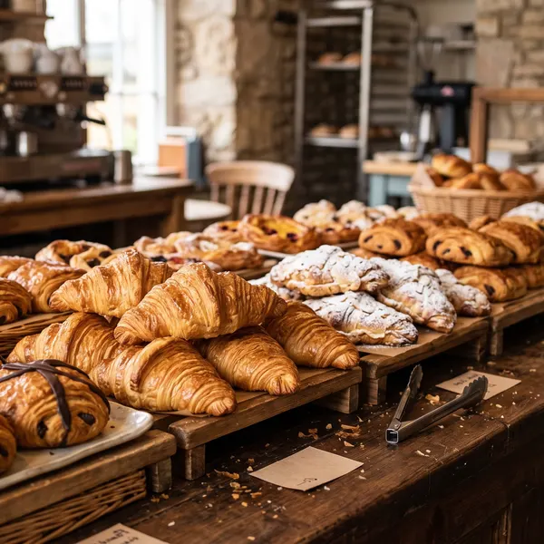 baked pastries ready on the cafe counter