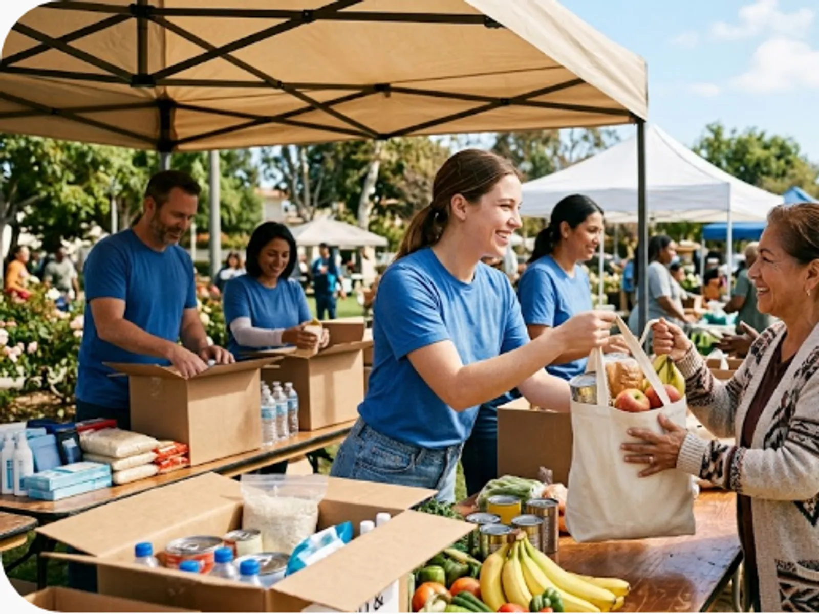 volunteers handing out food and supplies to a community outdoors