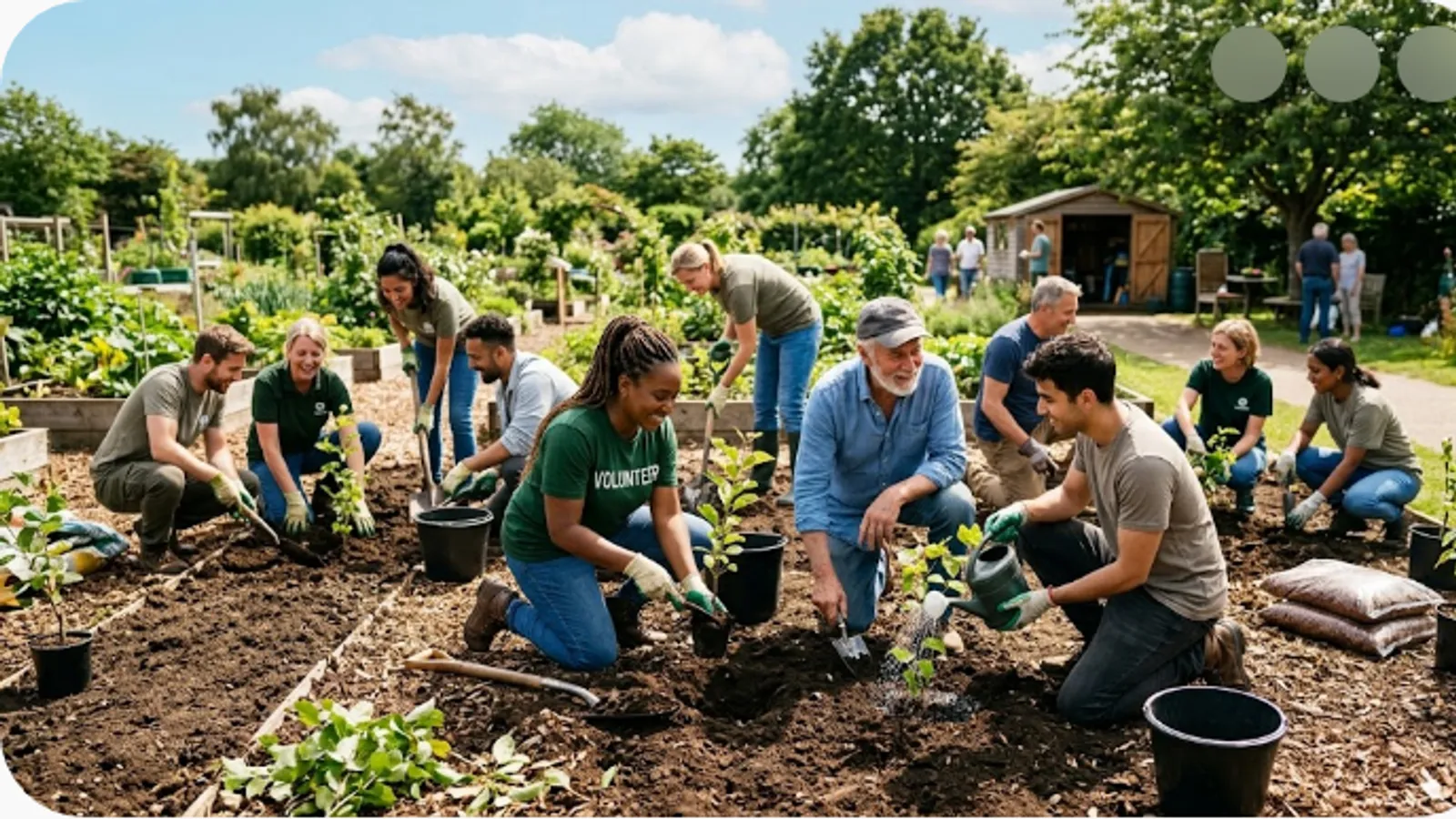 volunteers planting trees together in a community garden on a sunny day
