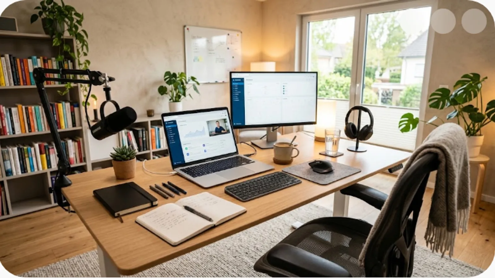 bright modern learning space with a laptop and notebooks