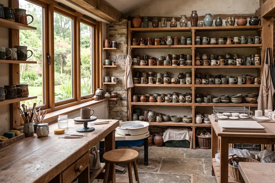 pottery studio shelves filled with handmade ceramic mugs and vases