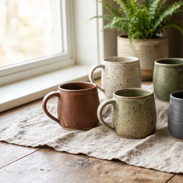 handmade stoneware mugs in earthy matte glazes on linen