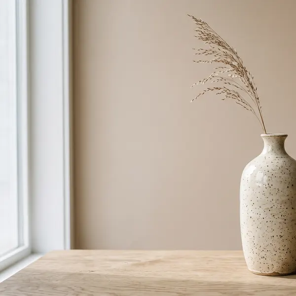 tall handmade ceramic vase with speckled glaze and a dried stem