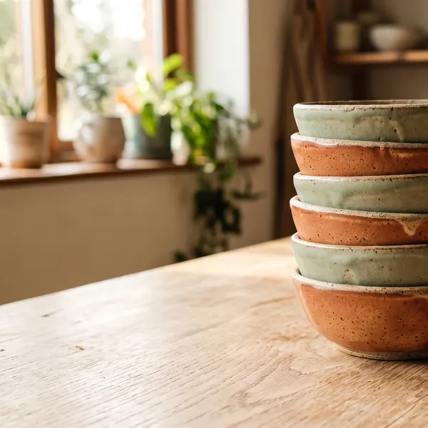 stack of handmade ceramic bowls in matte glazes