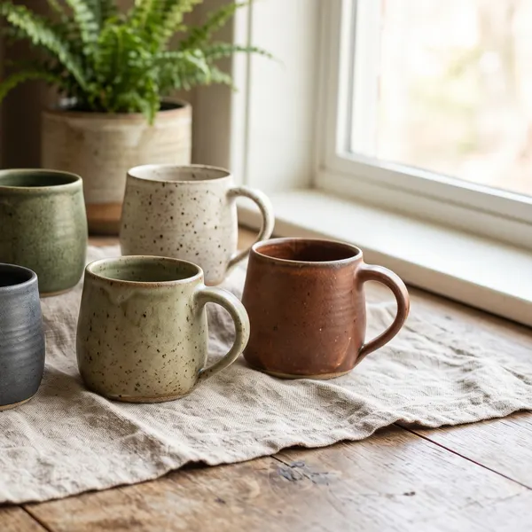 collection of handmade stoneware mugs on a linen cloth