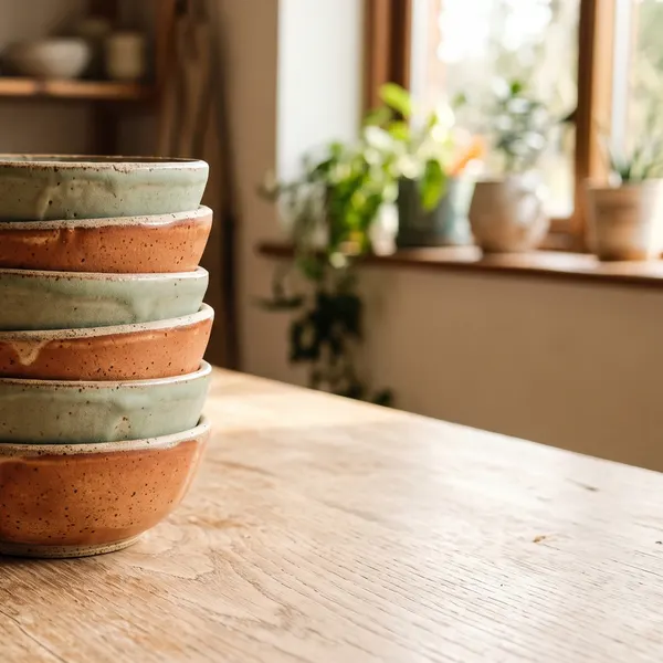 handmade ceramic bowls stacked on a wooden table