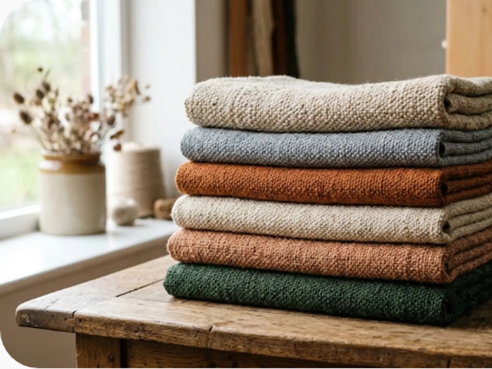 folded handwoven textiles in earthy natural tones