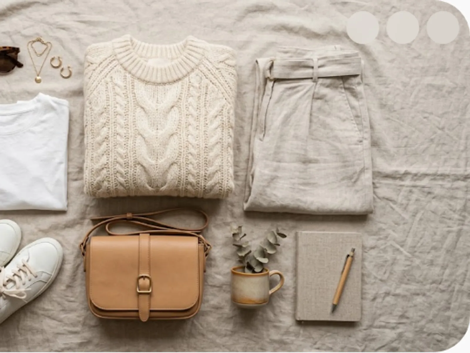 styled flat lay of clothing and accessories on linen