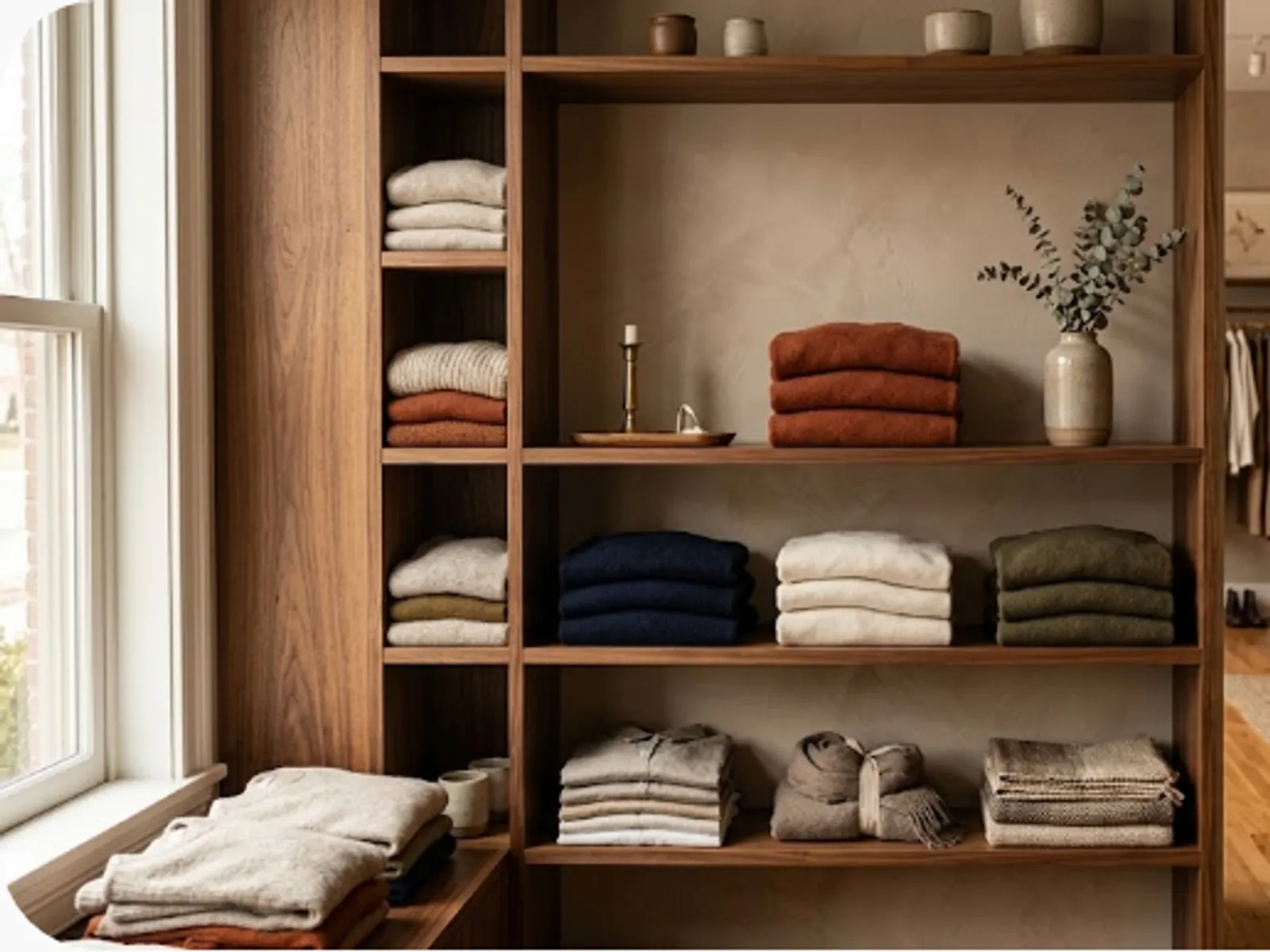 boutique interior detail with warm wood and soft light