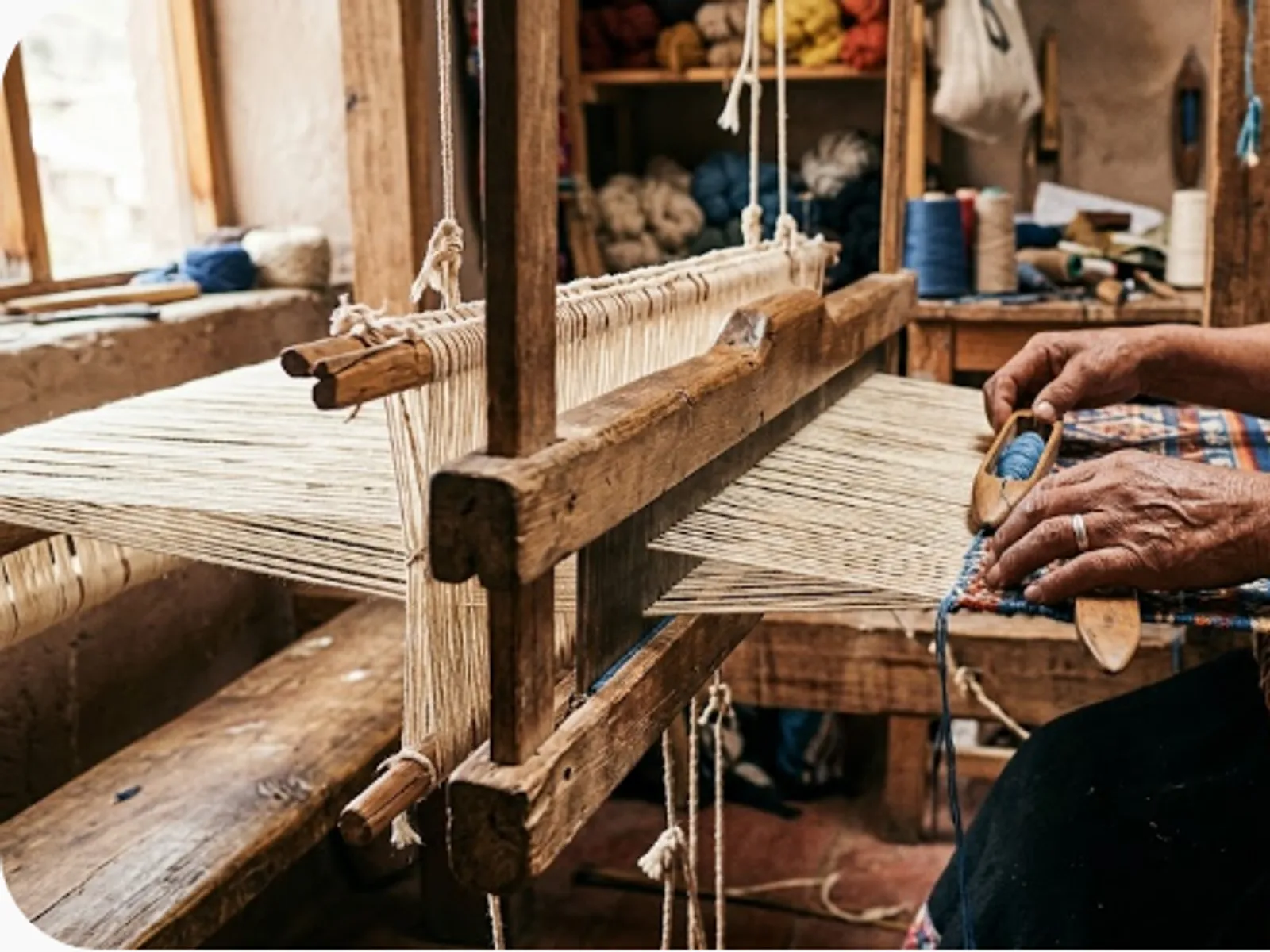 artisan weaving textile on a traditional wooden loom