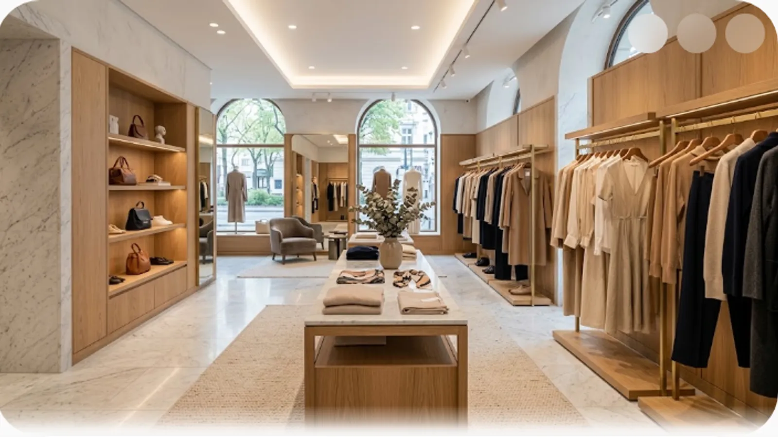 elegant fashion boutique interior with curated clothing on minimalist racks