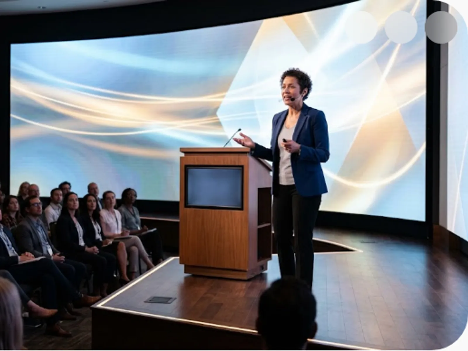 speaker on a modern conference stage with a large screen
