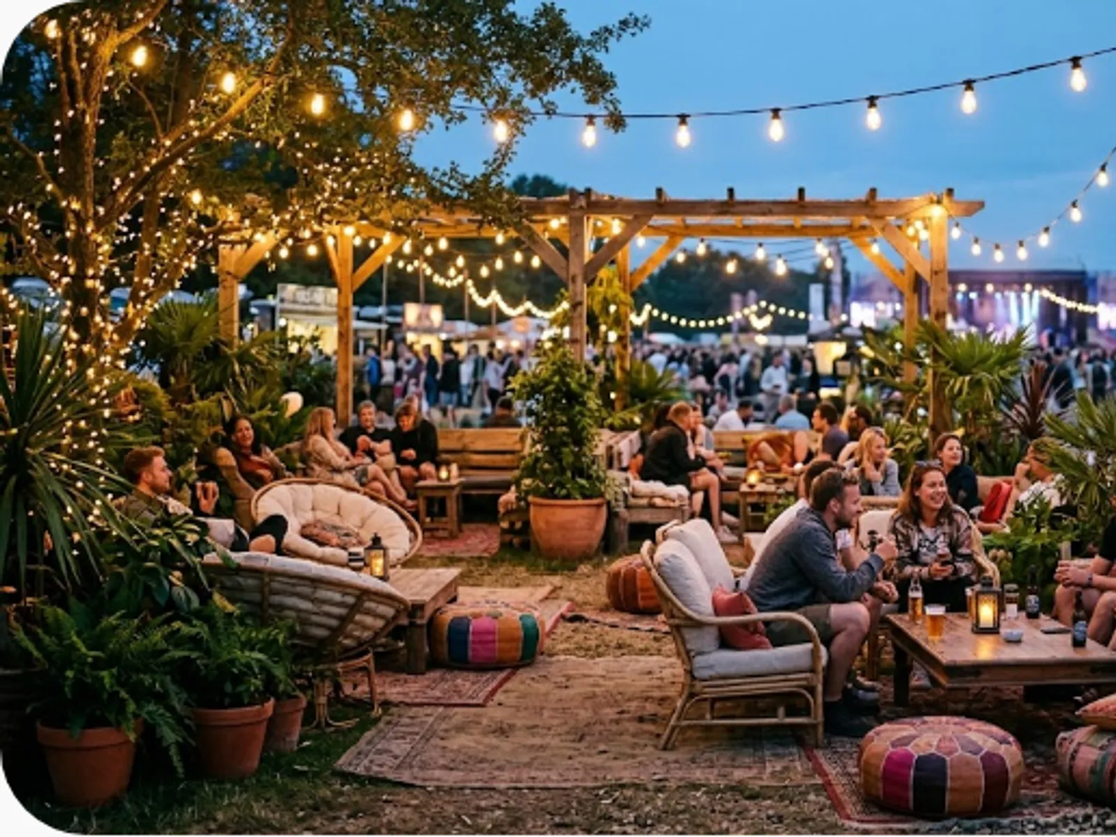 outdoor festival lounge with string lights at dusk