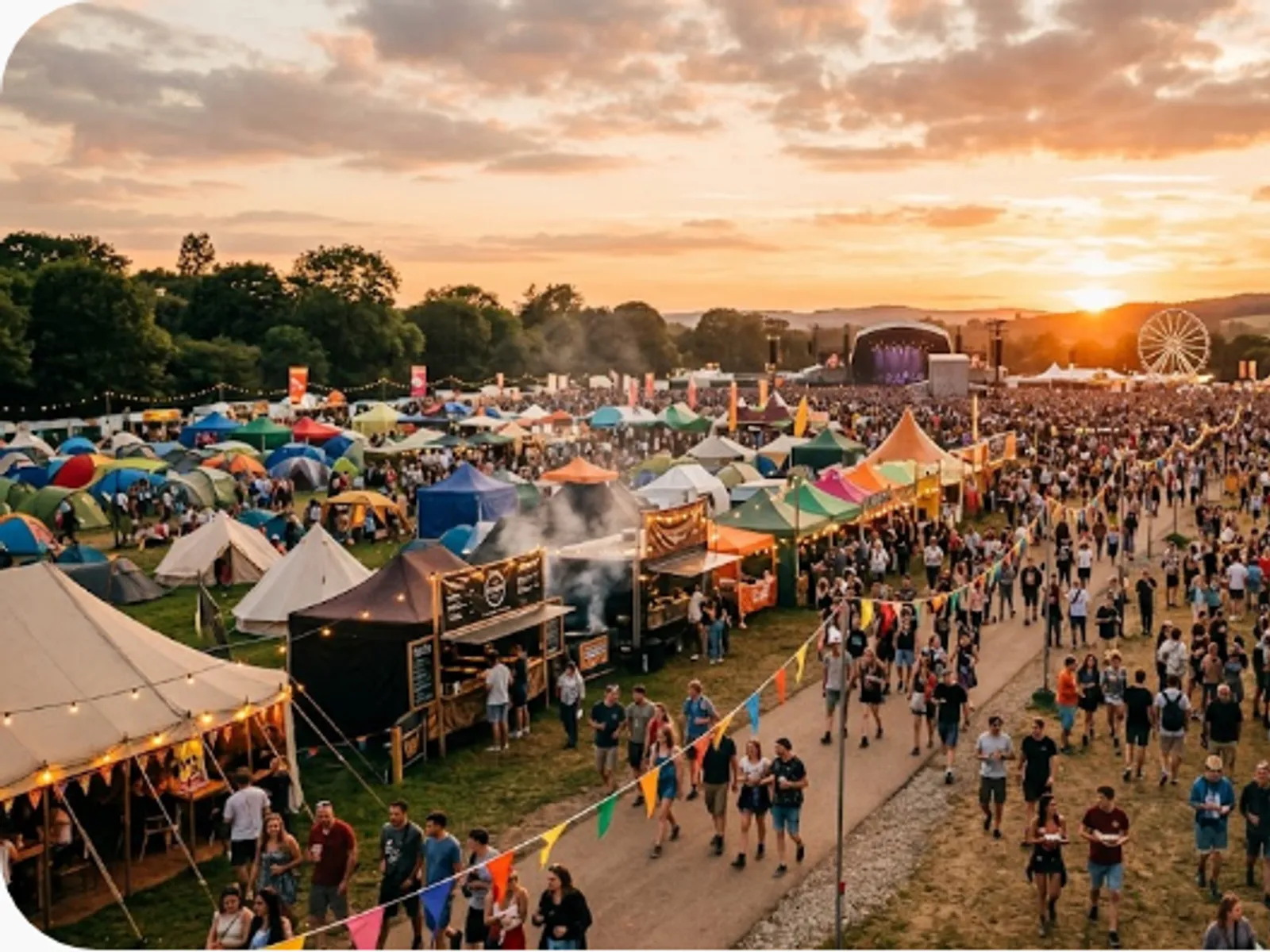 outdoor festival grounds with tents and a crowd at golden hour