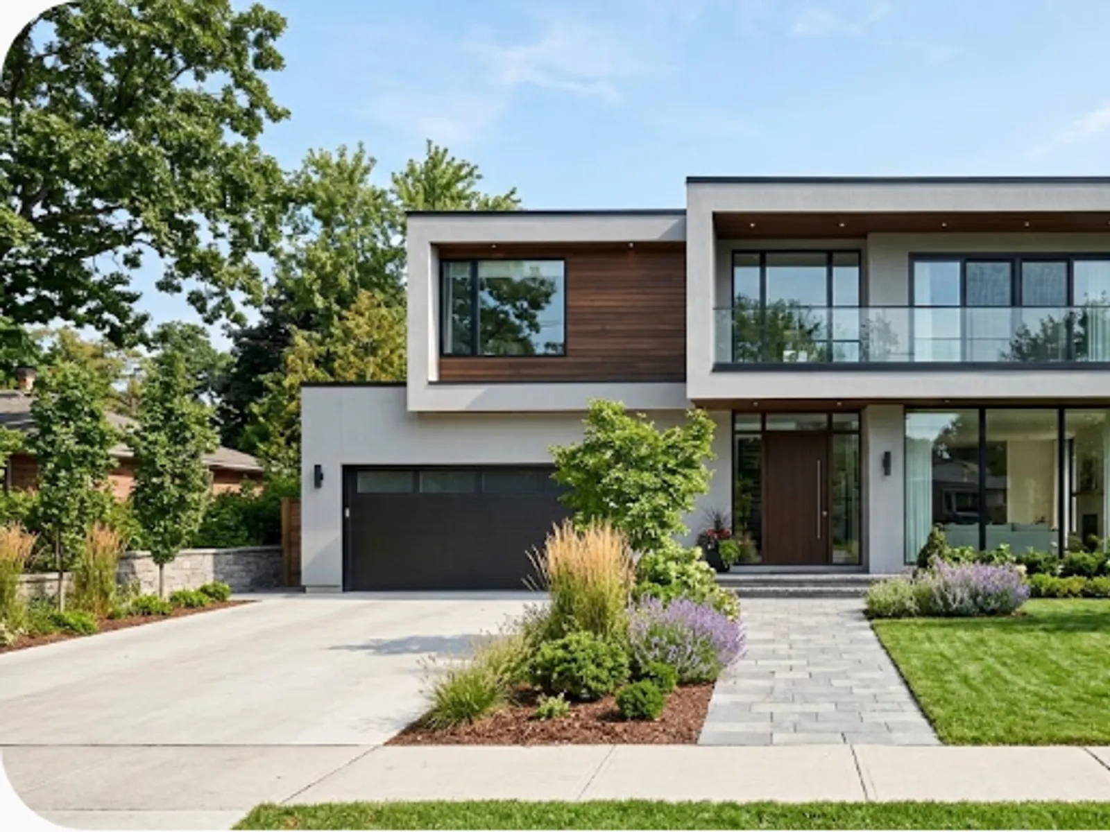 modern house exterior with clean architecture and a landscaped garden