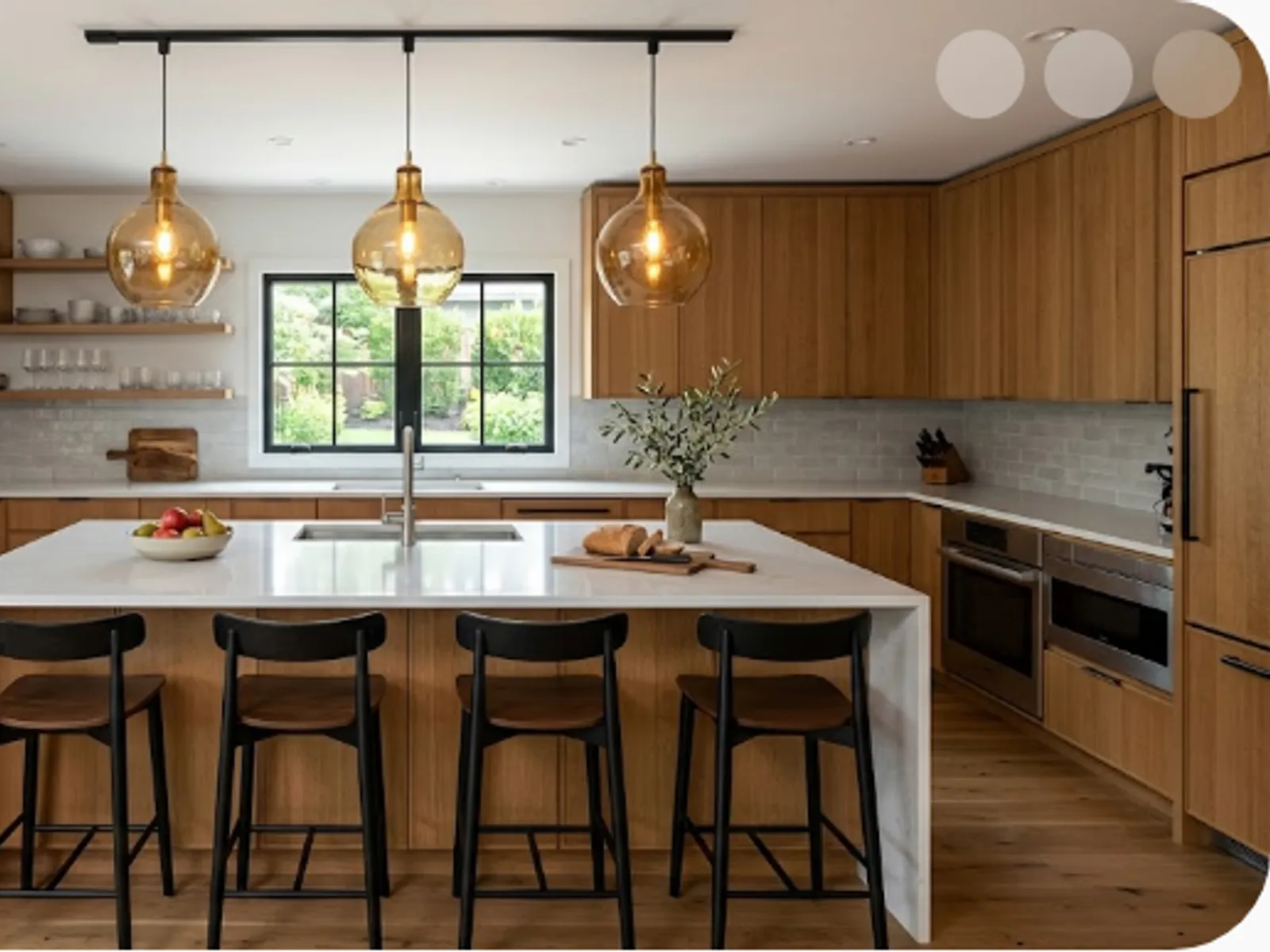 contemporary kitchen with an island and warm wood finishes
