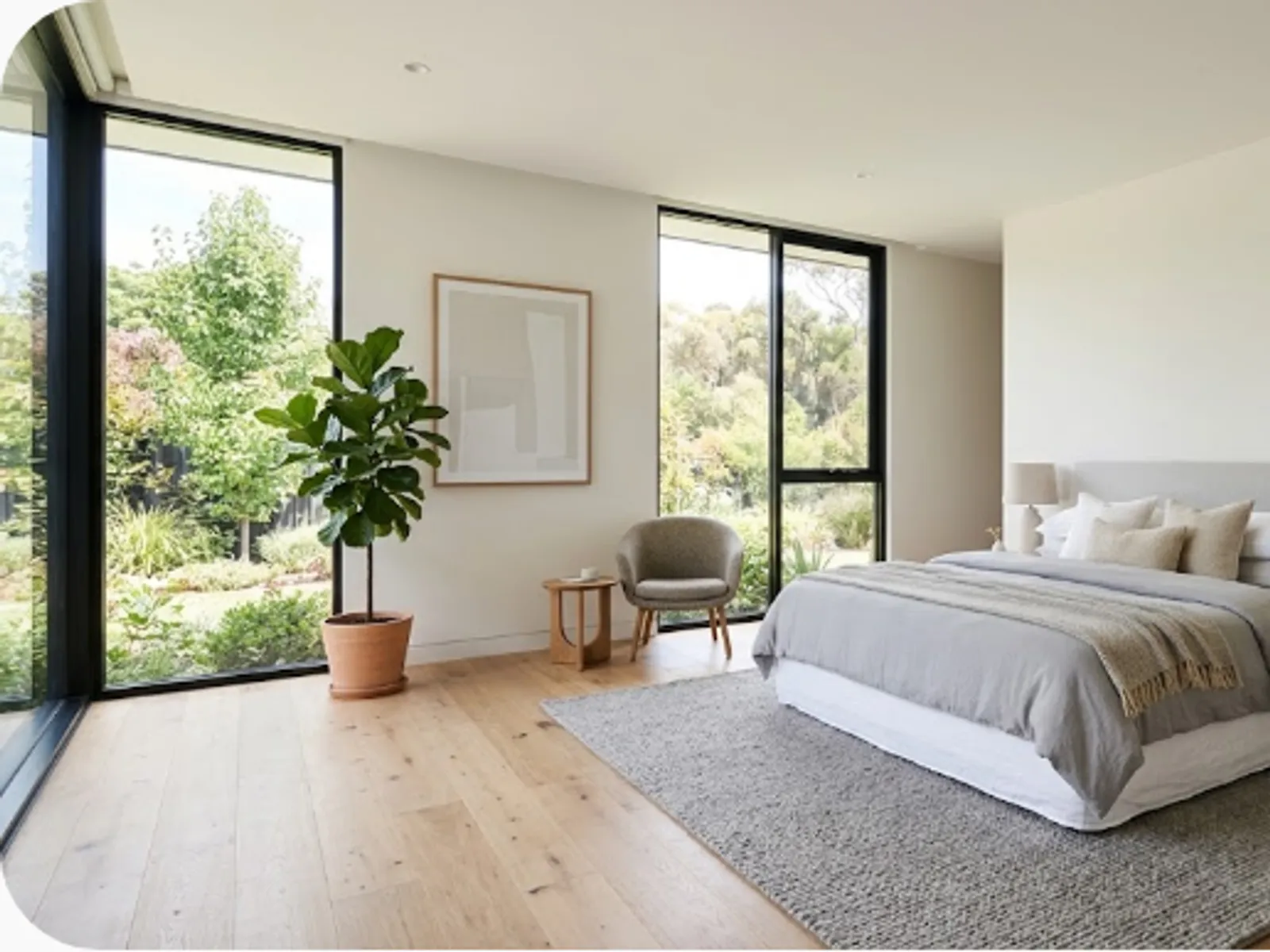 spacious bedroom with natural light and minimalist decor