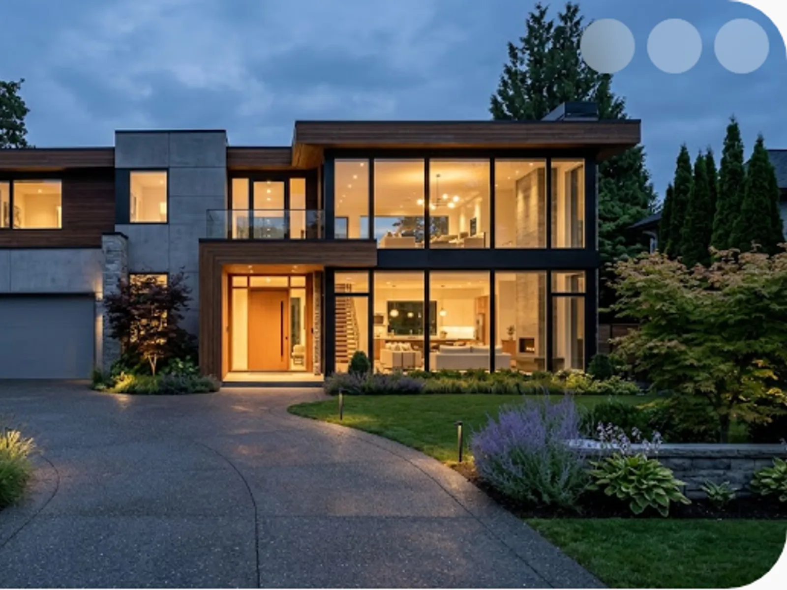 elegant house facade at dusk with warm lighting