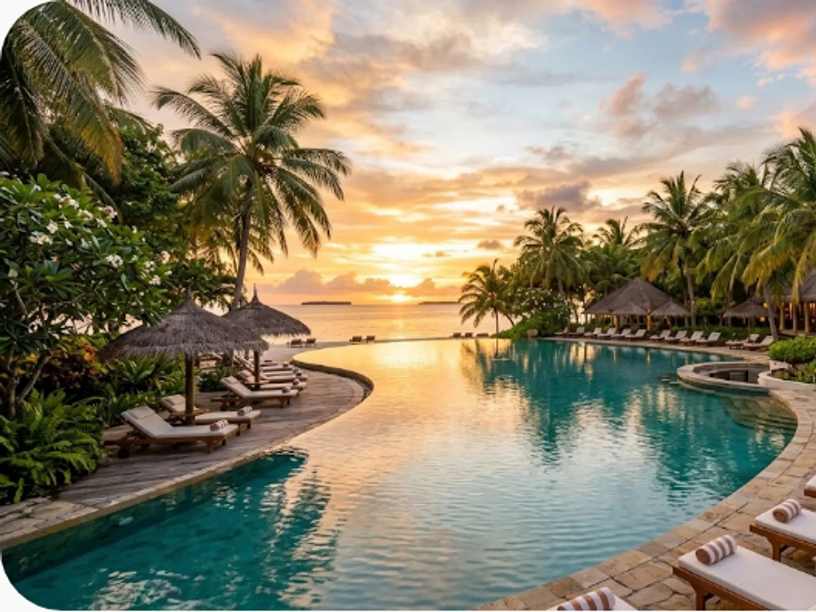 resort infinity pool overlooking a tropical ocean at golden hour