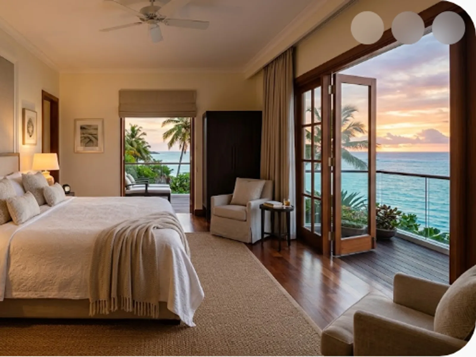 elegant resort suite with a large bed and sea view