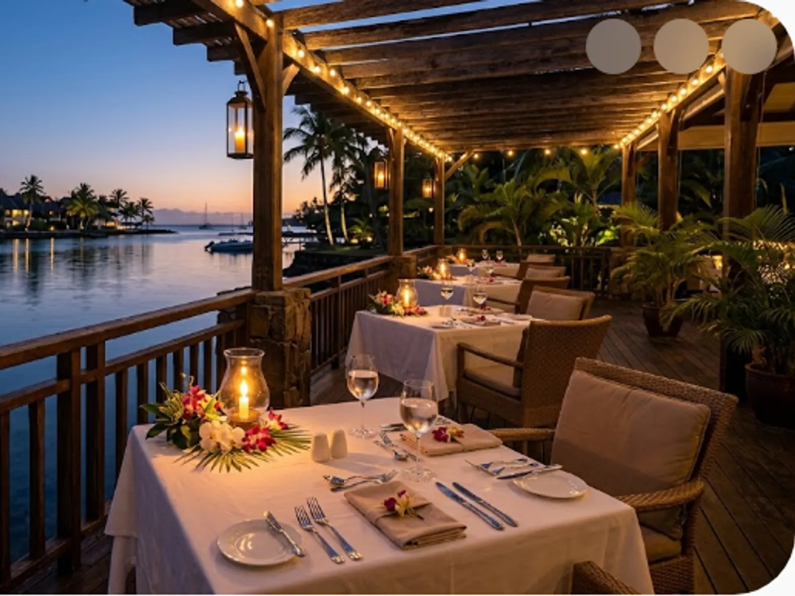 resort restaurant terrace set for dinner by the water