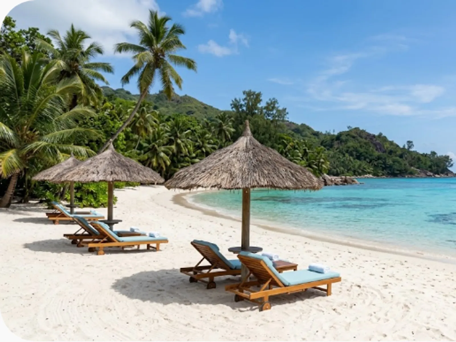 quiet private beach with sun loungers and palm trees