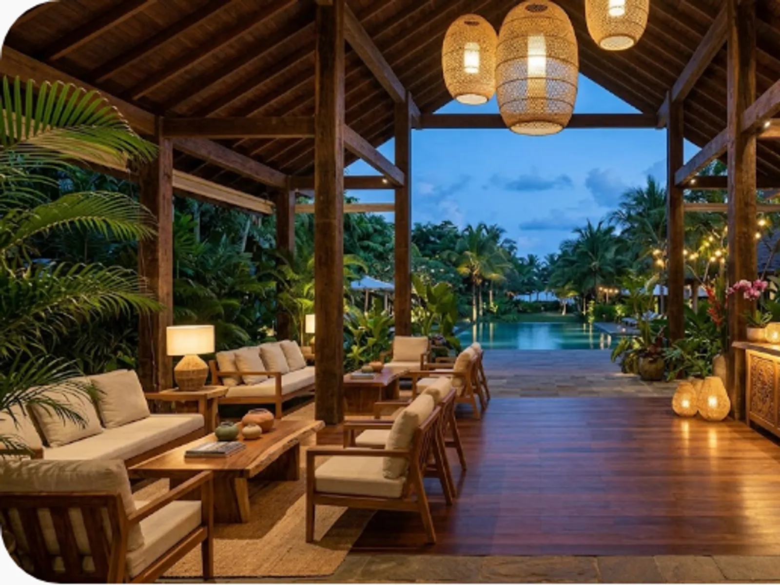 open-air resort lobby with tropical greenery and warm lighting